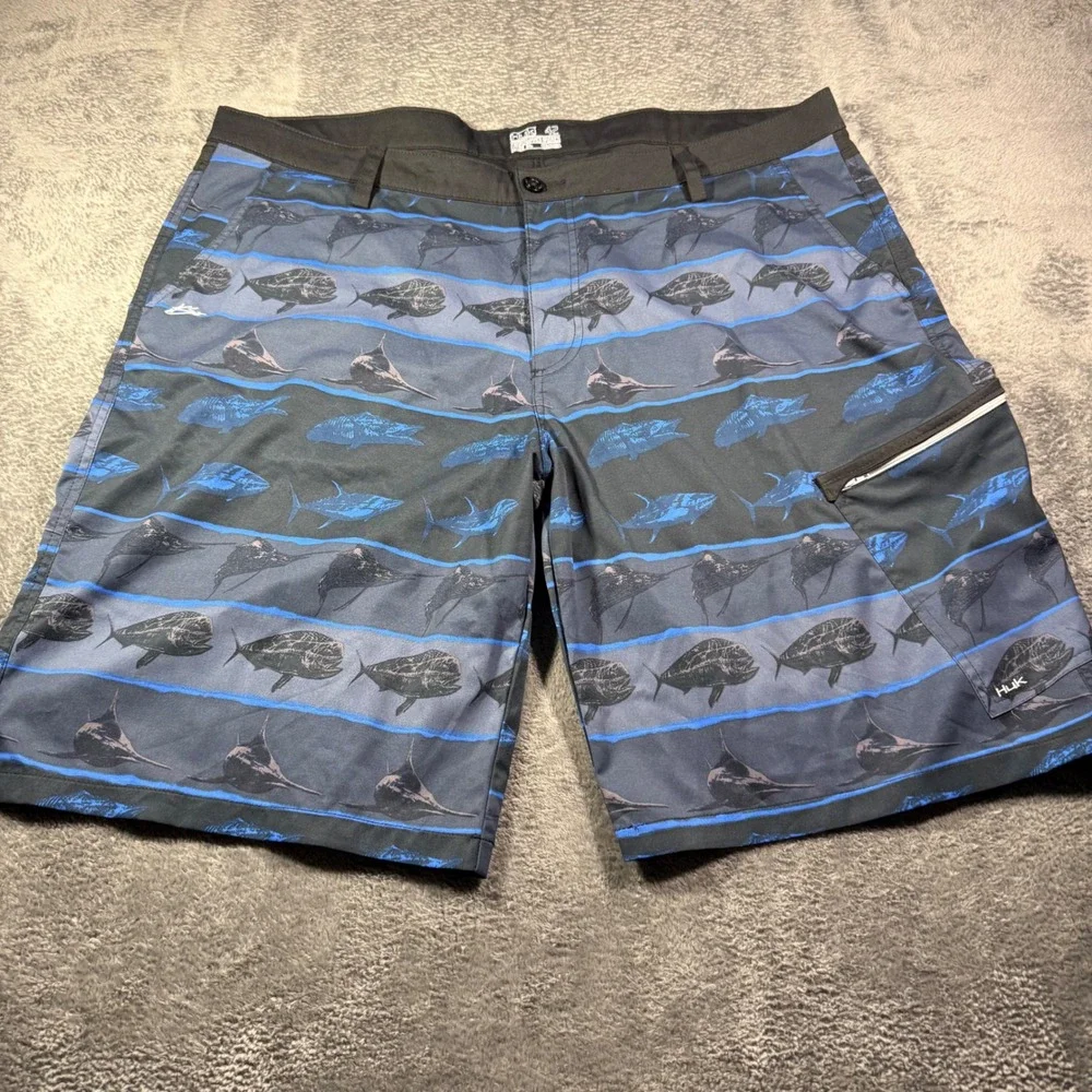 Huk Mens 42 Fishing Board Shorts Gray Blue Mahi Marlin Performance Cargo Pockets